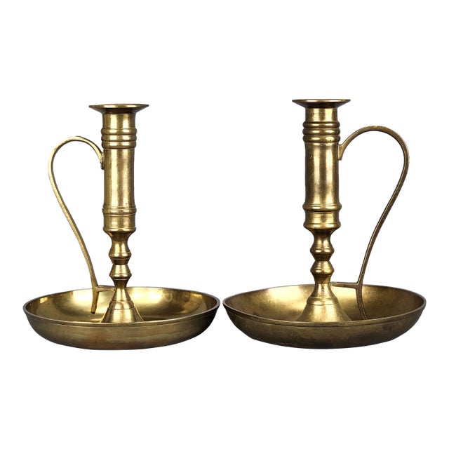 Early 20th Century Oversized Dark Brass Candlestick Holders With Drip Trays and Handles - Set of 2 For Sale