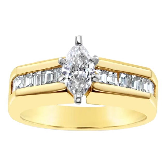 One Carat Marquise Center Diamond with Baguette Accents Engagement Ring, Size 5 For Sale