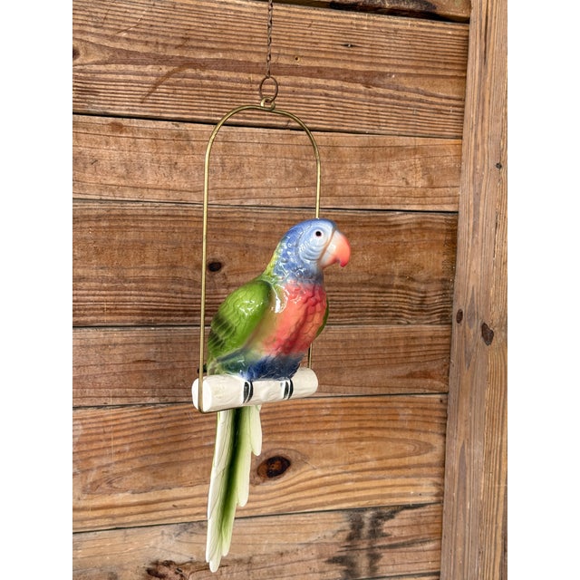 Coastal Vintage Ceramic Glazed Parrot on Brass Perch With Hanging Chain For Sale - Image 3 of 11