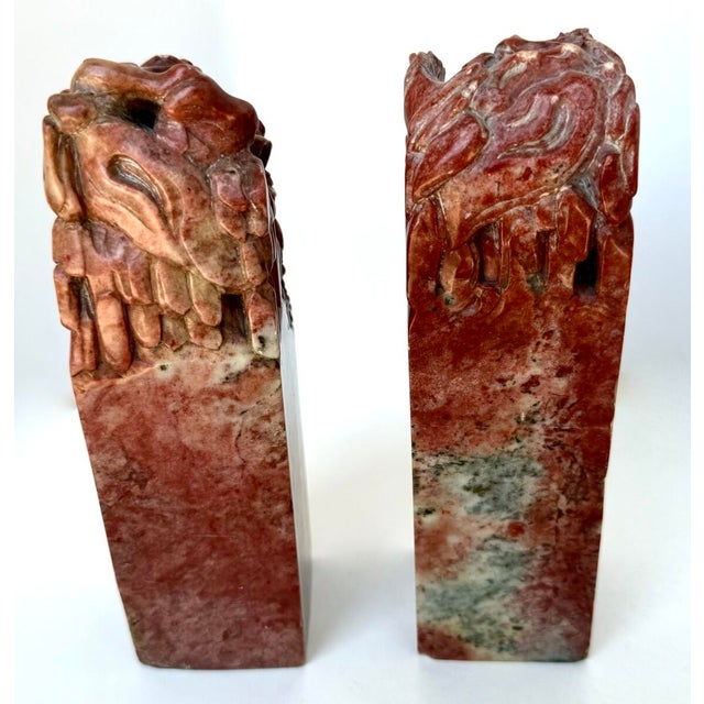 Stone Large MidCentury Chinese Carved Oxblood Pair of Soapstone 8-Horse Seal Bookends For Sale - Image 7 of 12