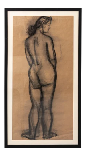 Early 20th Century Modern Standing Female Nude Figure Original Charcoal Drawing