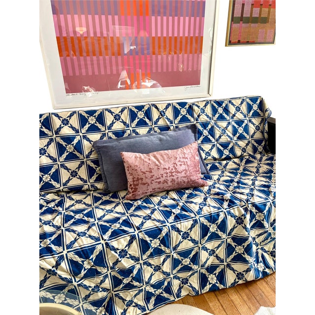 a beautiful antique loom woven blue and ivory white coverlet blanket with a beautiful geometric blue and ivory white...