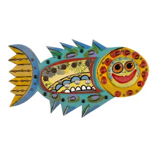 Pat Custer Denison Mixed Media Hanging Folk Art Fish For Sale