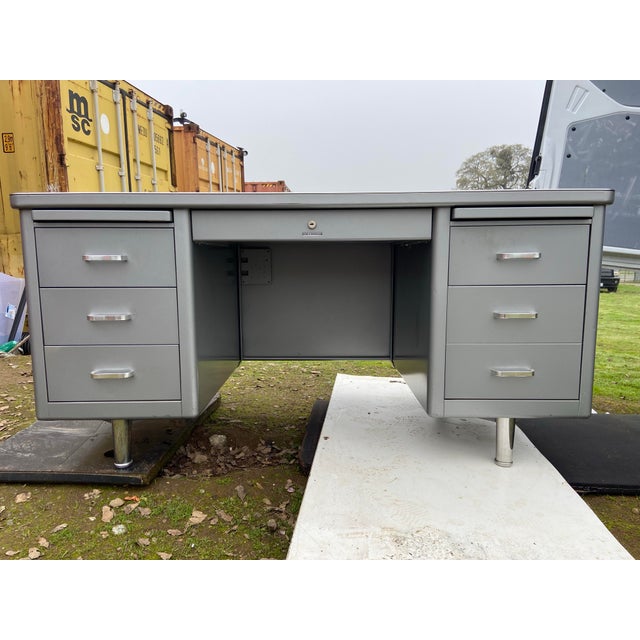 Steelcase Steelcase Vintage Mid Century Modern Metal Tanker Desk For Sale - Image 4 of 12