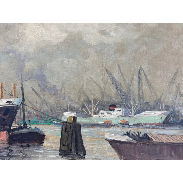 Midcentury Harbor Seascape Oil on Canvas, Framed For Sale - Image 9 of 12