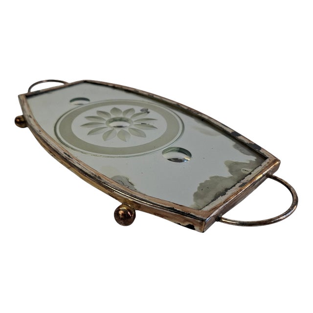 Vintage Art Deco Mirrored Glass Serving Tray with Floral Motif, Central Europe, 1930 For Sale