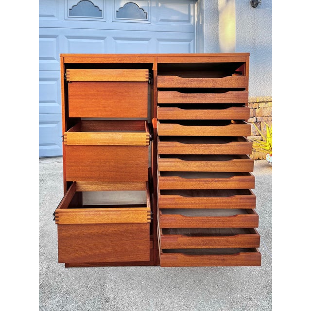 Wood Danish Mid Century Teak Double Highboy Lock + Key Tambour File Cabinet For Sale - Image 7 of 18