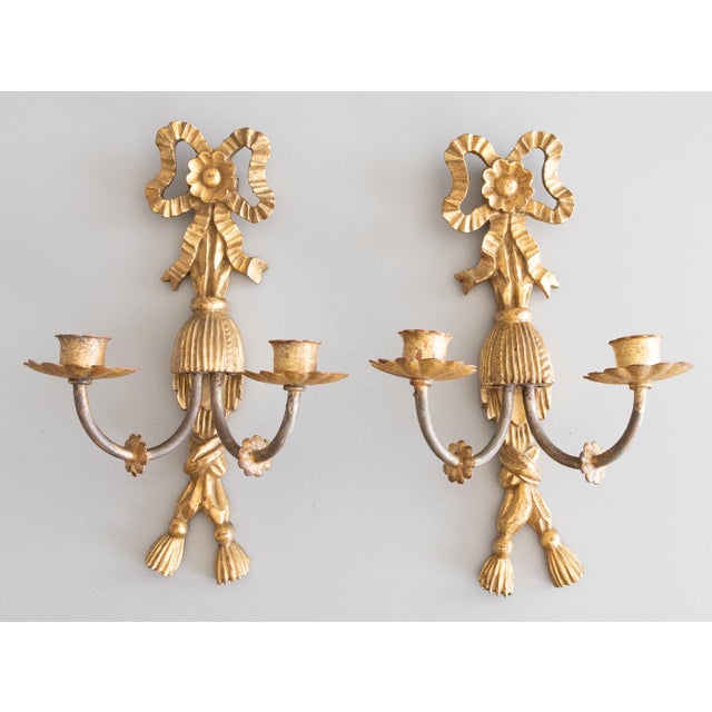 Vintage Italian Carved Giltwood Bows & Tassels Candle Sconces - A Pair For Sale - Image 12 of 12