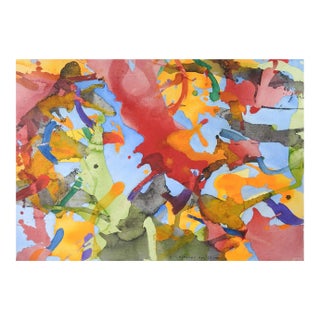 Vintage Abstract Sky Blue & Bright Colors Watercolor Painting For Sale