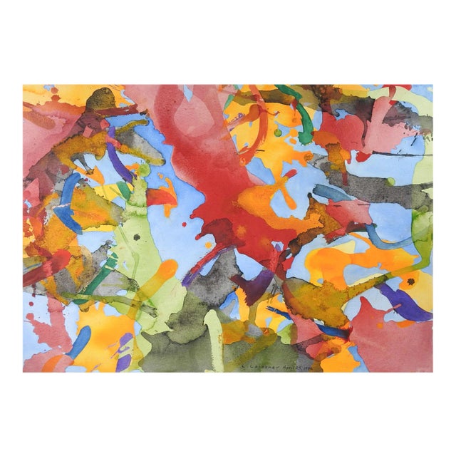 Vintage Abstract Sky Blue & Bright Colors Watercolor Painting For Sale