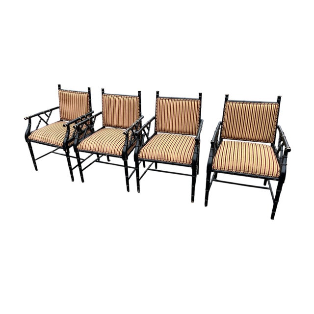 Very nice style of Faux bamboo set of 4 chairs. Well built solid frames. Needs to be painted and reupholstered