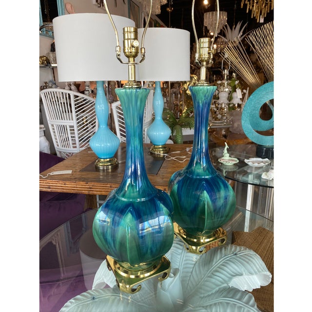 Blue Vintage Pair of Blue Green Ceramic Table Lamps Brass Greek Key Base - a Pair For Sale - Image 8 of 11