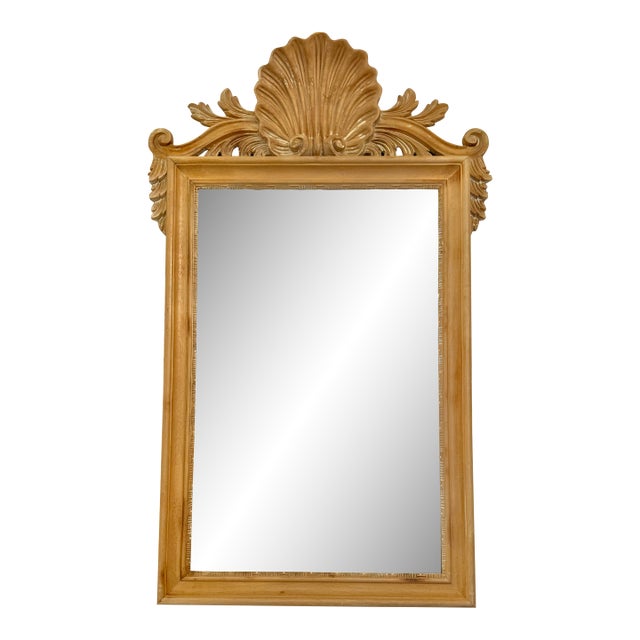 1980's Italian Decorative Crafts Carved Natural Wood Shell Crest Wall Mirror For Sale