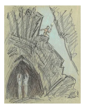 The Descent Into the Cave, Original Pencil and Pastel Drawing, 20th Century
