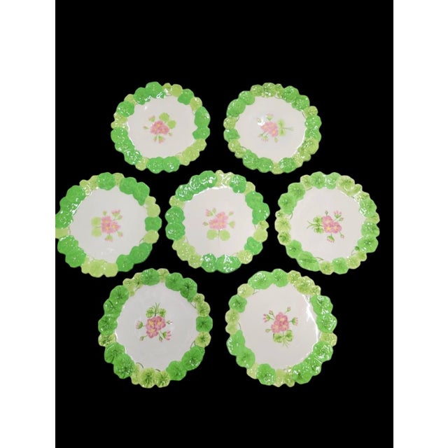 Vintage Portuguese Majolica Geranium Palm Beach Style Dinner Plates Green Leaf & Pink Floral Cabbage Ware Set- 10 For Sale - Image 15 of 16