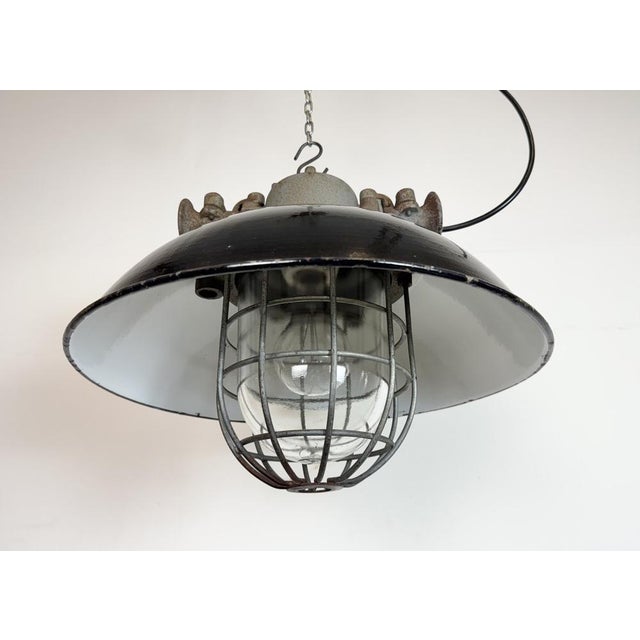 Black Enamel and Cast Iron Industrial Cage Pendant Light from Elektrosvit, 1960s For Sale - Image 9 of 18