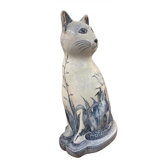 Vintage African Hand-Painted Blue and White Ceramic Cat Figurine For Sale - Image 4 of 9