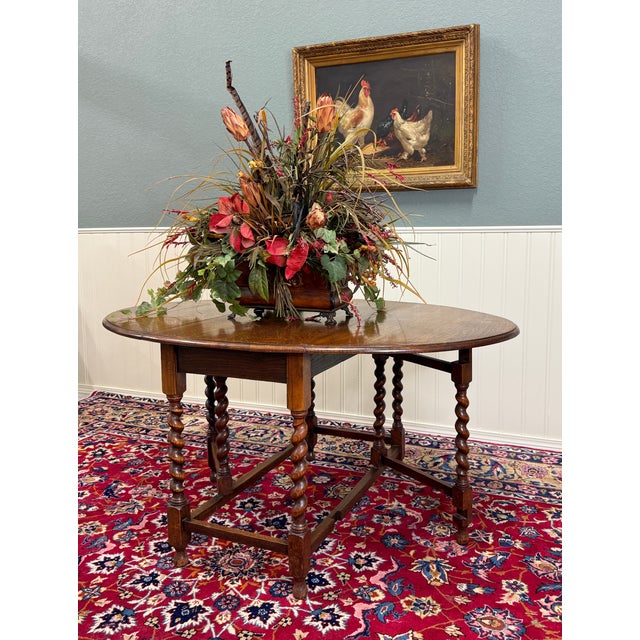 Antique English Large Table Drop Leaf Gateleg Barley Twist Oak Oval C. 1920-30s For Sale - Image 17 of 18