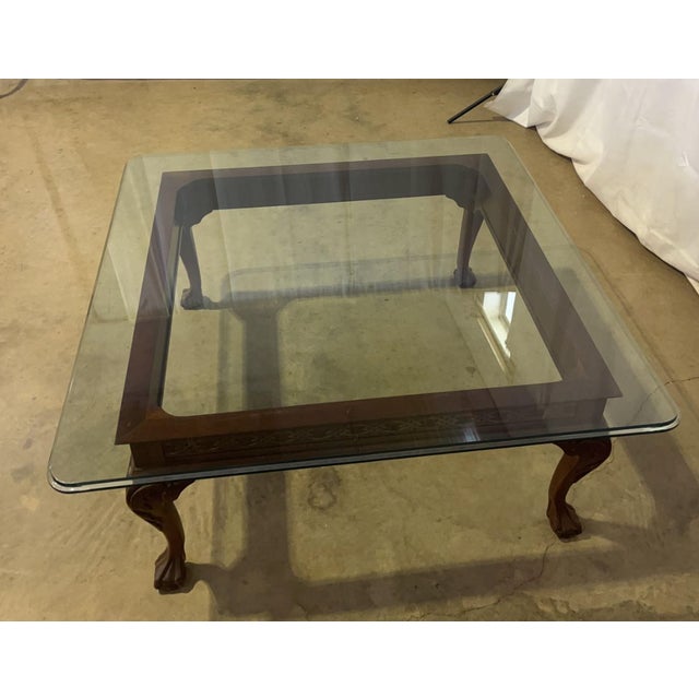 English Vintage Chippendale Style Mahogany Square Glass Top Ball and Claw Foot Coffee Table For Sale - Image 3 of 4