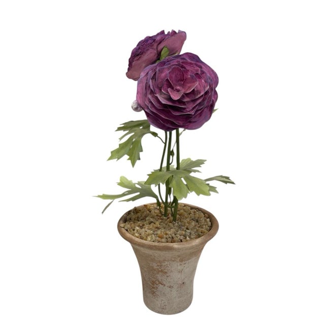 2000 - 2009 Vintage Toleware Purple Ranunculus Topiary Arrangement in Terracotta Pot For Sale - Image 5 of 12