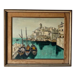 1960's Mid-Century Villard European Coastal Harbor Impressionist Oil Painting – Framed For Sale
