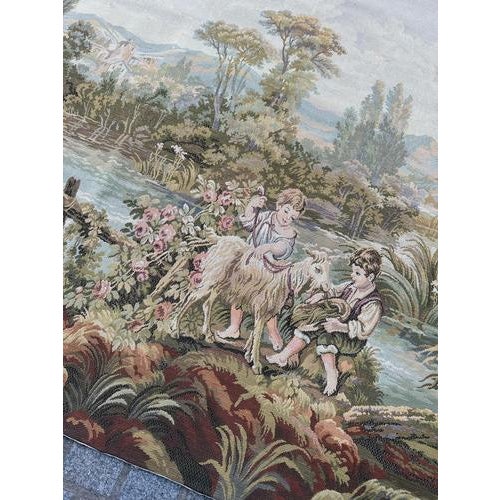 Vintage French Jacquard Pastoral Loves Tapestry in the style of Aubusson, 1950s For Sale - Image 9 of 18