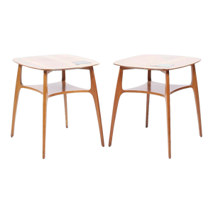Edward Wormley for Dunbar 5628t Mid Century Walnut and Tiffany Tile Side Tables - Pair