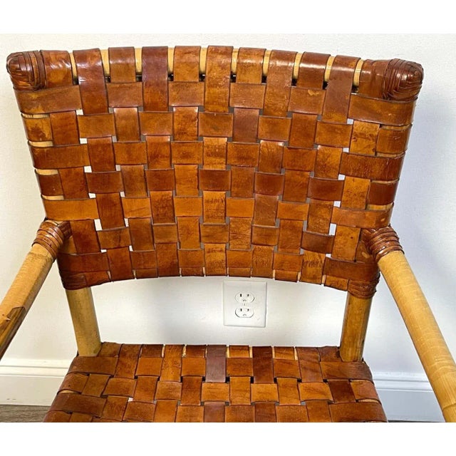 Wood 1960s French Modern Bamboo & Woven Saddle Leather Armchair, Circa 1960s For Sale - Image 7 of 13