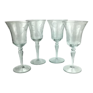 French Vintage Crystal Etched Wine or Water Goblets - a Set of 4