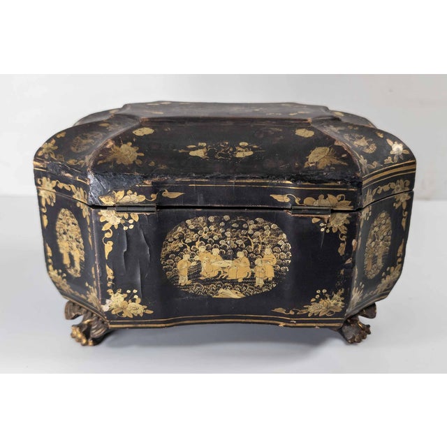 Mid 19th Century 19th Century Chinese Export Black Lacquer Tea Caddy With Gilt Decoration For Sale - Image 5 of 13