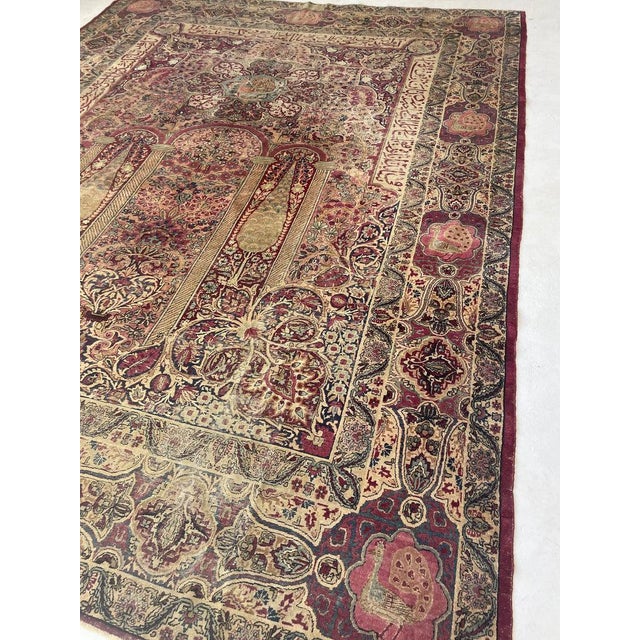 Persian 1900s COLLECTOR'S ROYAL PEACOCK KERMAN Duel Cypress Tree of Life Rug 9 x 11.8 For Sale - Image 3 of 17