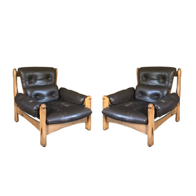 Brown Vintage Brutalist Oak and Leather Chairs, 1975, Set of 2 For Sale - Image 8 of 8