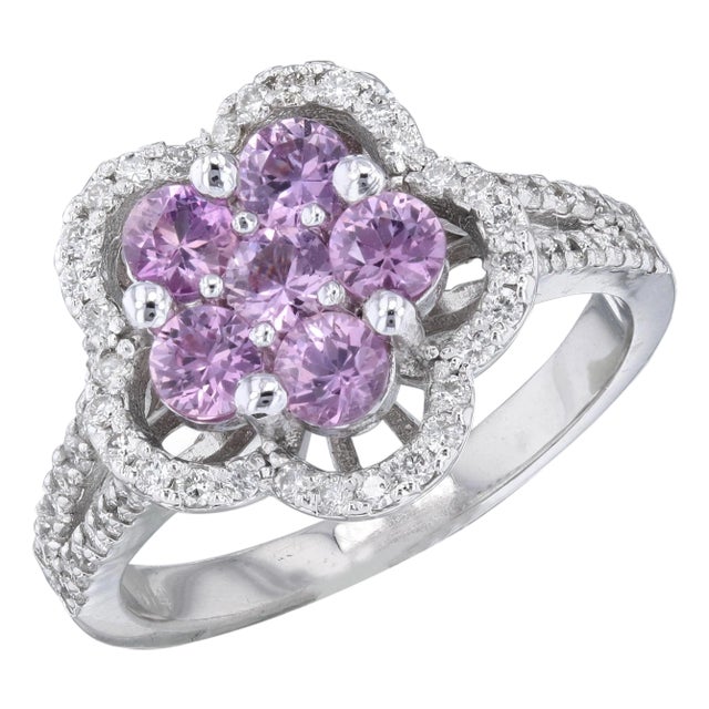 1.51 Carat Pink Sapphire Diamond 14 Karat White Gold Ring, Size 6.5 For Sale