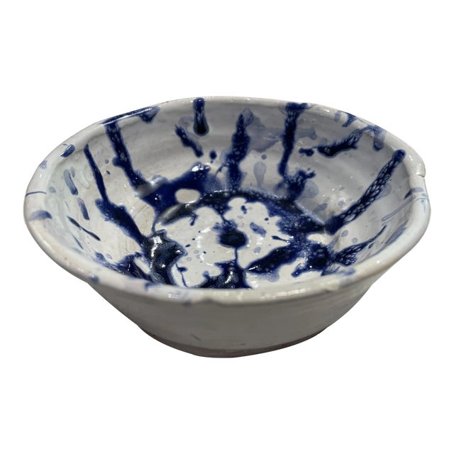 1990s Blue and White Ceramic Bowl Made on the Wheel in the style of Jackson Pollock For Sale