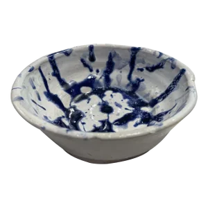 1990s Blue and White Ceramic Bowl Made on the Wheel in the style of Jackson Pollock