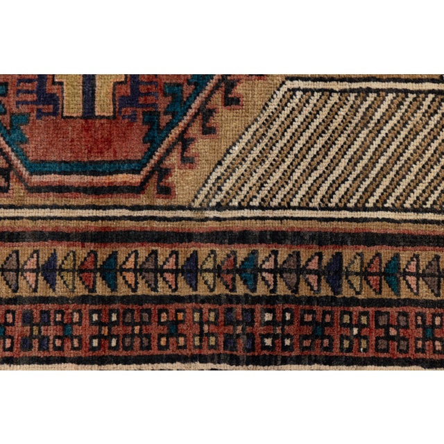 Vintage Hand-Knotted Kurdish Long Runner Rug With Diamond Medallions in Terracotta, Camel, and Indigo For Sale In New York - Image 6 of 9