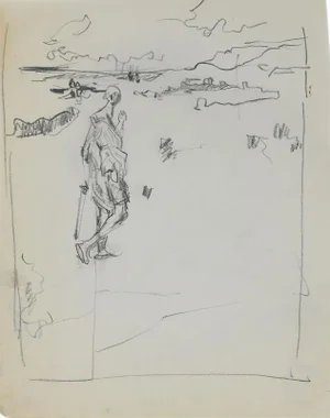 Figure On the Landscape, Original Pencil by Herta Hausmann, Mid,20th Century