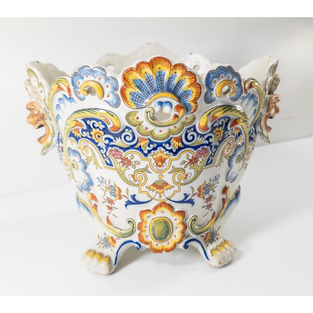 19th Century French Faience Polychrome Rouen Centerpiece Jardiniere For Sale - Image 4 of 11