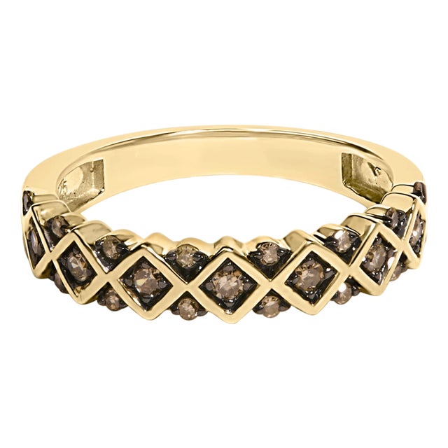 10K Yellow Gold Plated .925 Sterling Silver 1/4 Cttw Champagne Diamond Geometric Band Ring - Size 8 For Sale