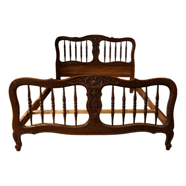 Vintage 20th Century Carved Wooden Bed Frame with Ornamental Headboard & Footboard For Sale