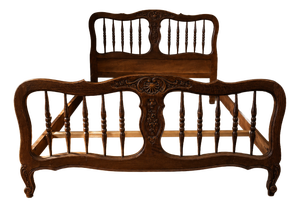 Vintage 20th Century Carved Wooden Bed Frame with Ornamental Headboard & Footboard