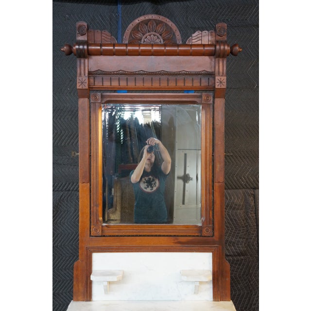 Antique Late Victorian Eastlake Walnut Marble Top Washstand Mirrored Commode 82" For Sale - Image 6 of 14