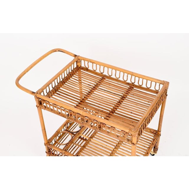 Vintage Italian Rattan and Wicker Serving Bar Cart by Franco Albini, Italy, 1960s For Sale - Image 9 of 15
