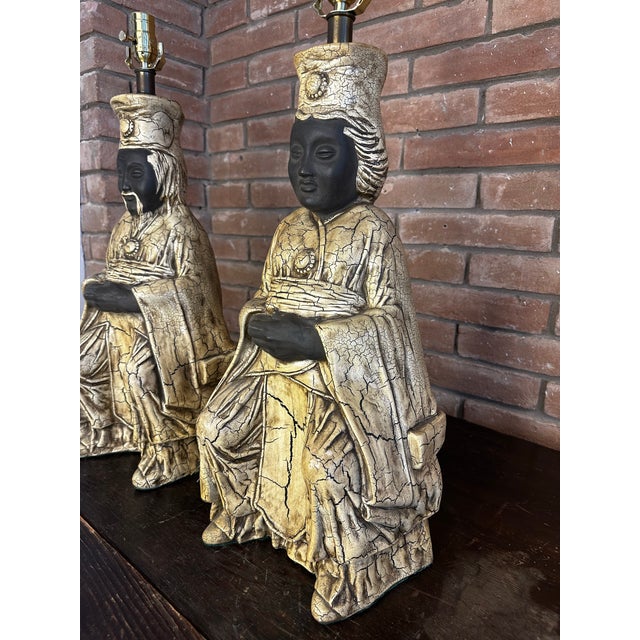 These are striking Mid-Century Modern Chinoiserie chalkware lamps depicting an Emperor and Empress, dating from the late...