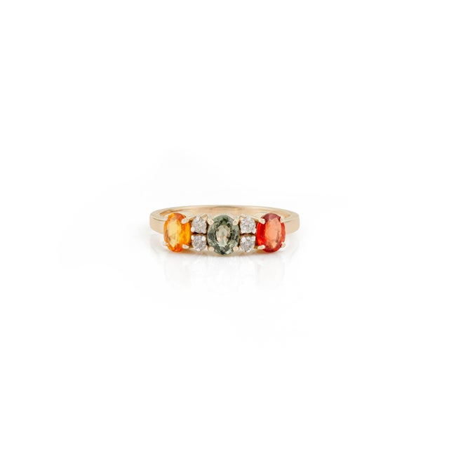 1.53 Carat Multi-Sapphire & Diamond Three-Stone Vintage 14k Gold Ring Size 8 For Sale - Image 4 of 17