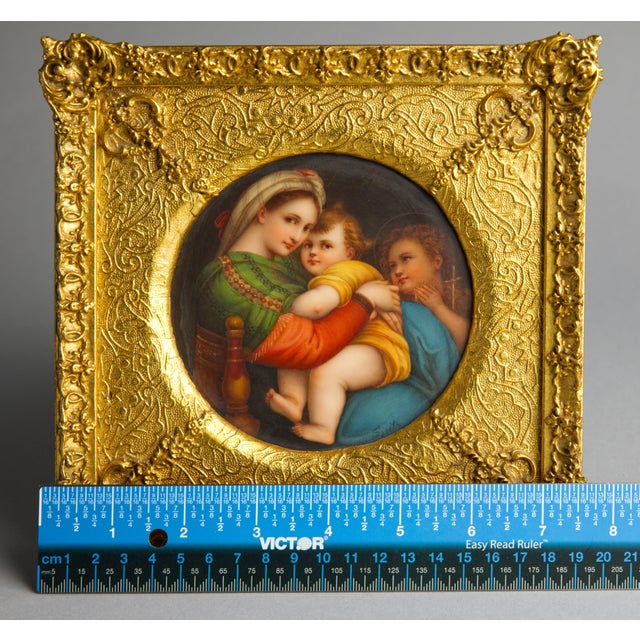 Wood Antique KPM-Style Porcelain Plaque, Madonna Della Sedia After Raphael, Signed Spitz, Giltwood Frame For Sale - Image 7 of 11