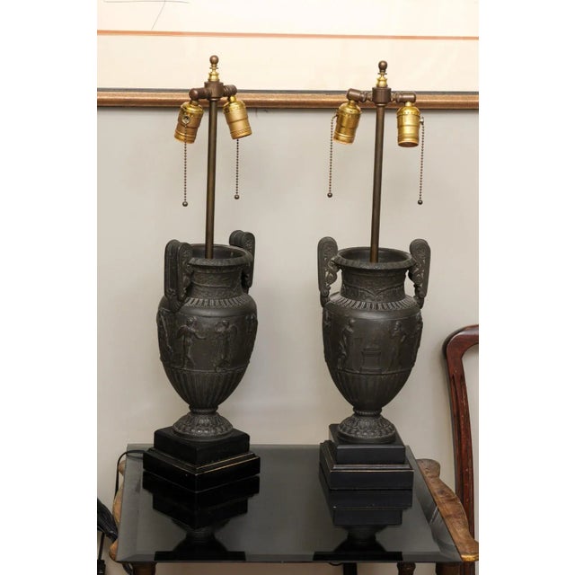 Pair of 1940s French Etruscan Cast Urn Lamps For Sale - Image 11 of 12