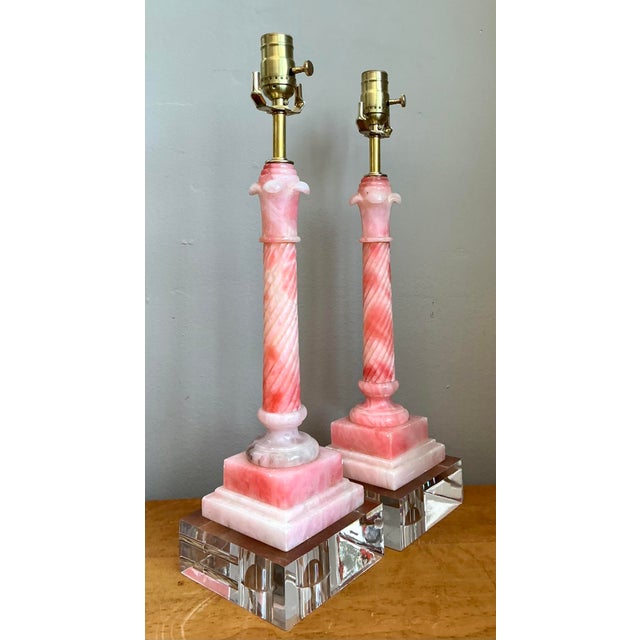 Vintage Pink Marble Carved Column Lamps - A Pair For Sale In West Palm - Image 6 of 12