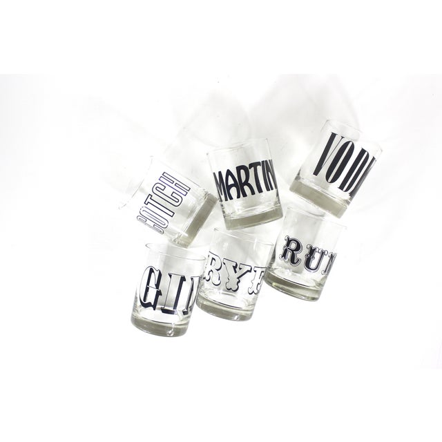 Vintage Typography Spirit Glasses, Low Ball Rocks, Cocktail Glass Set of 6 For Sale - Image 6 of 12