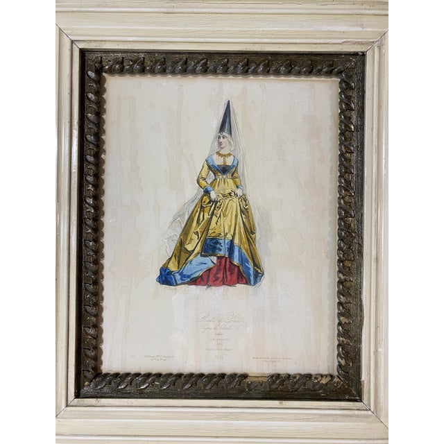 Antique French fashion print "Modes De Paris". This is a hand tinted engraving from the 1840's. Subject is a woman in 15th...